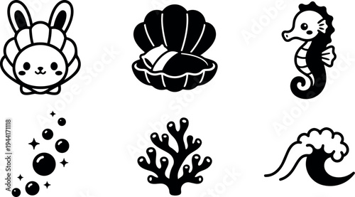 Cute bunny inside seashell adorable cartoon seahorse coral underwater wave ocean themed vector set