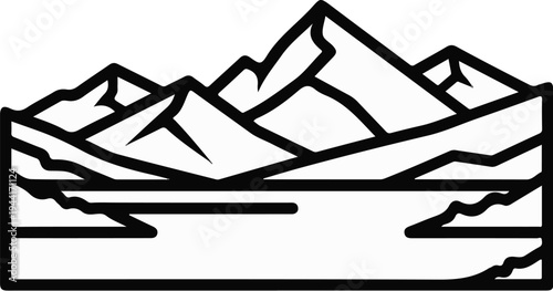 Stylized black line art depicting jagged mountains overlooking a calm body of water
