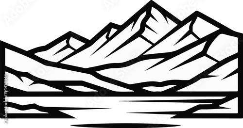 Stylized black and white mountain range with a reflective body of water