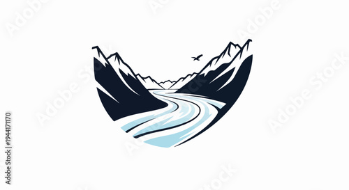 Majestic mountain valley with a winding river and soaring bird