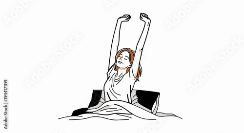 A woman wakes up stretching her arms up in bed