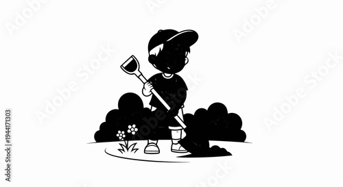 Cartoon boy wearing a cap, holding a shovel, and digging near bushes