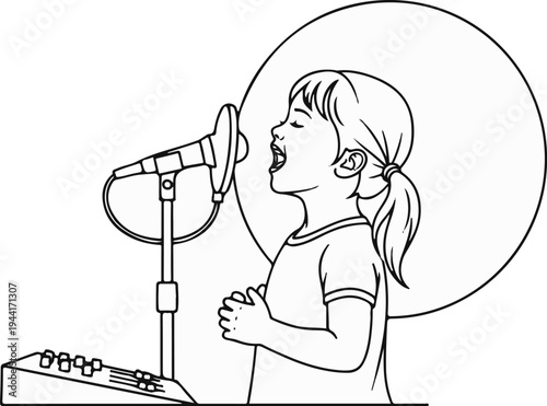 Girl singing into a microphone on a stand with a control panel