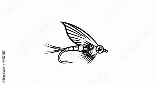 Stylized black ink drawing of a winged insect with a curved hook