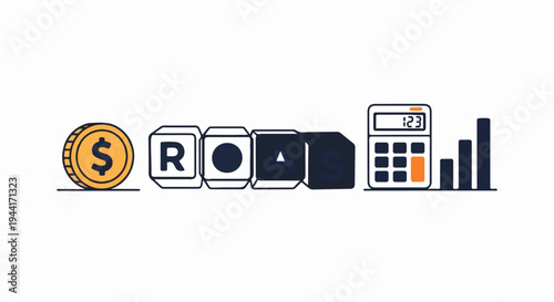 Financial symbols coin, letter blocks, calculator, and bar chart