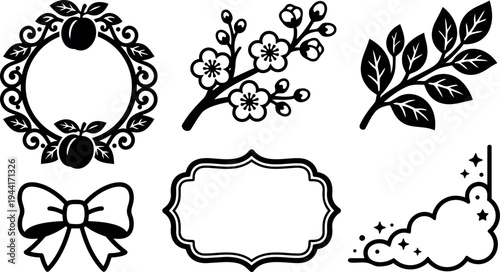 Black and white vector art set with floral wreath branch leaves bow frame and cloud corner decorative elements in silhouette style