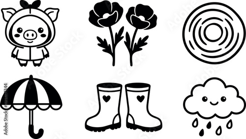 Cute piglet character in hoodie with flower buds rain cloud umbrella and pair of rain boots vector line art icons set