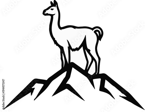 Stylized llama stands atop jagged mountain peaks in black and white