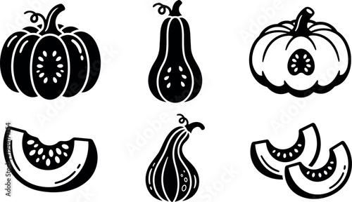 Black and white vector art of assorted pumpkins sliced open showing seeds stylized icon set of squash autumn vegetables