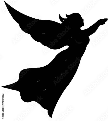 Silhouette of a winged figure soaring upwards with arms outstretched