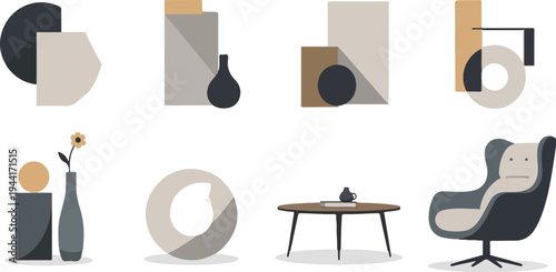 Minimalist geometric shapes and interior design elements in muted tones