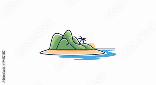 Minimalist island with green hills, palm tree, and sunset over blue water