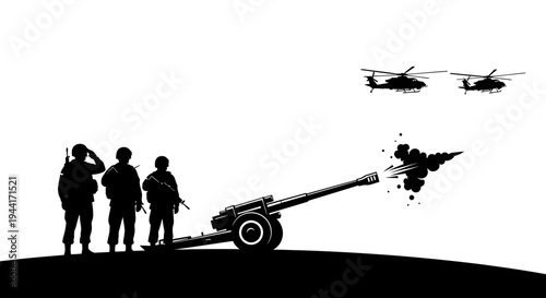 Military Silhouette: Soldiers, Artillery Firing, Helicopters Flying