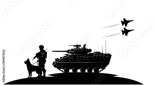 Military Silhouette: Soldier, Dog, Tank, and Fighter Jets in Formation
