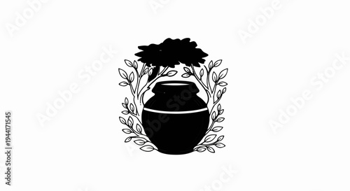 Stylized black urn with foliage frame, symbolizing nature