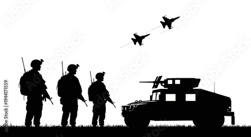Military Silhouette: Soldiers, Humvee, and Fighter Jets in Formation
