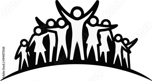 Stylized group of diverse figures celebrating unity and community on a curve