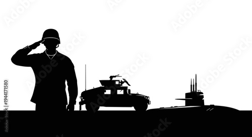 Military Soldier Saluting Beside Humvee and Submarine Silhouette