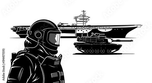 Military Soldier in Hazmat Suit, Tank, and Aircraft Carrier - Global Defense Concept