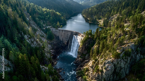 Massive concrete hydroelectric dam powerfully cascades a huge waterfall into a deep blue river within a densely wooded pine forest canyon.