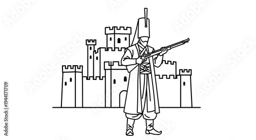 Ottoman soldier with musket guarding a castle, historical illustration