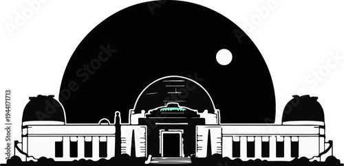 Iconic domed observatory building silhouetted against a vast dark moon