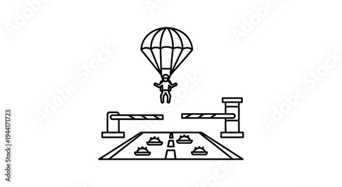 Parachutist landing on highway with barrier gate and cars
