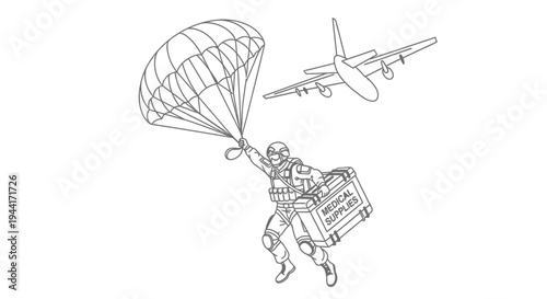 Paratrooper Jumps with Medical Supplies from Airplane, Military Aid Drop