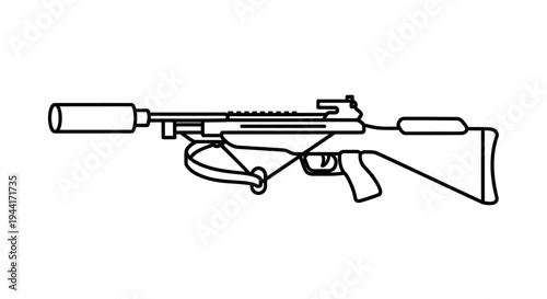 Outline Drawing of a Suppressed Assault Rifle with Scope and Sling