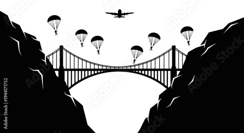 Paratroopers Descend Over Golden Gate Bridge, San Francisco, Military Operation