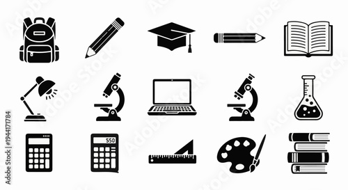 Collection of educational and artistic icons including backpack, pencils, graduation cap, book, lamp, microscope, laptop, flask, calculators, ruler, palette, and books