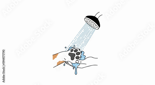 A paw is being washed under a shower by a human hand