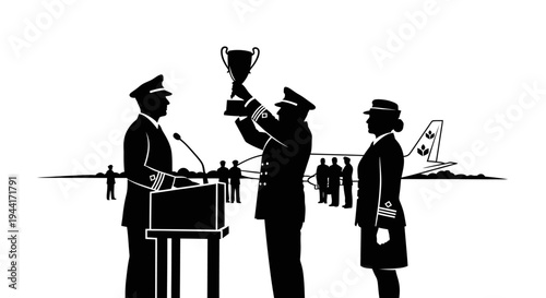 Pilot receives trophy award at airport ceremony with airplane background