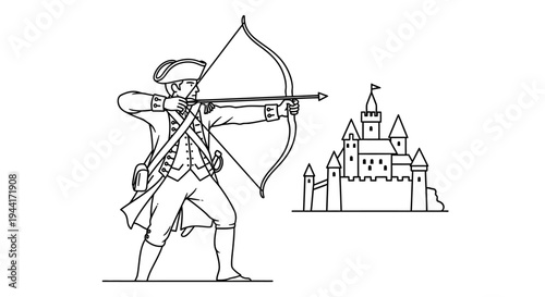 Revolutionary Soldier Aiming Bow and Arrow at Castle