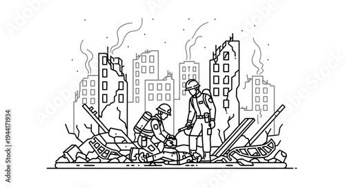 Rescuers searching through earthquake rubble, destroyed city buildings, disaster relief