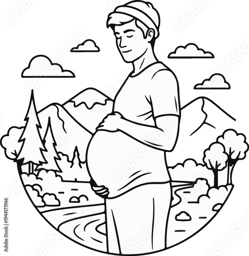 Pregnant man holding belly, surrounded by nature landscape scene