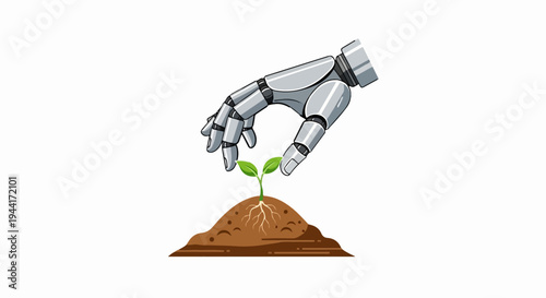 Robot hand gently touching a young plant in fertile soil