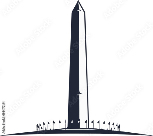 Tall dark obelisk monument with flags at base, stylized