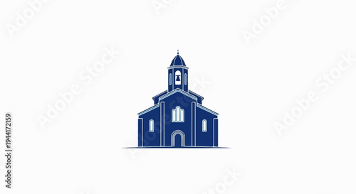 Stylized blue church facade with bell tower and arched entrance