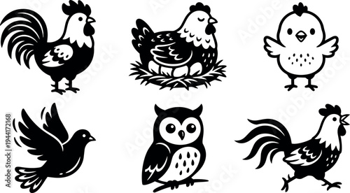 Black and white vector art set of farm animals including hen with eggs rooster crowing chick flying bird and owl sitting on branch