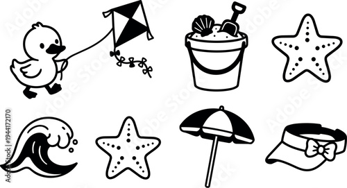 Cute duck flying kite with sand bucket shovel starfish wave umbrella and visor hat beach icons set vector art