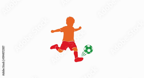 Silhouette of a child in bright sportswear kicking a green soccer ball