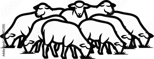 Flock of sheep grazing peacefully in a field, rendered in bold black outlines