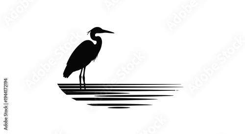 Silhouette of a heron standing in rippling water against a white background
