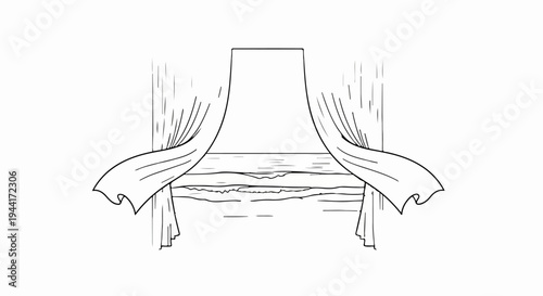 A window draped with flowing curtains revealing a serene ocean view