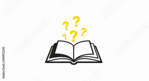 Open book with yellow question marks floating above its pages