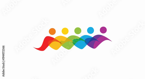 Abstract flowing shapes connect colorful human figures in a line