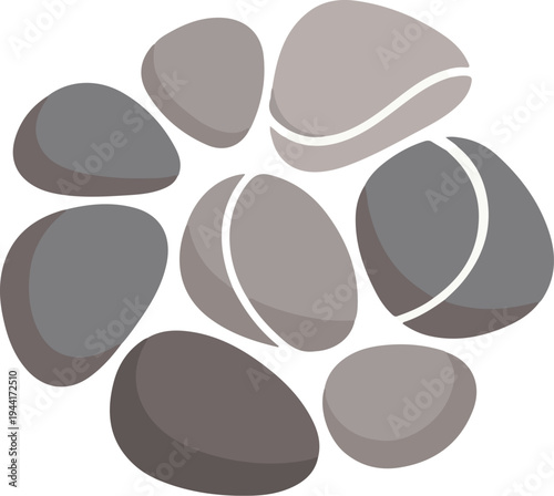 Smooth, rounded pebbles in varying shades of gray are arranged in a circular pattern