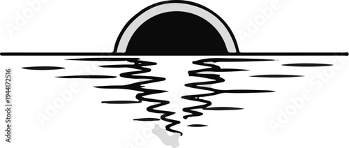 Stylized sun setting over water, reflected in waves