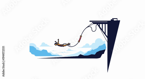 A person bungee jumps from a tall structure over a mountainous landscape